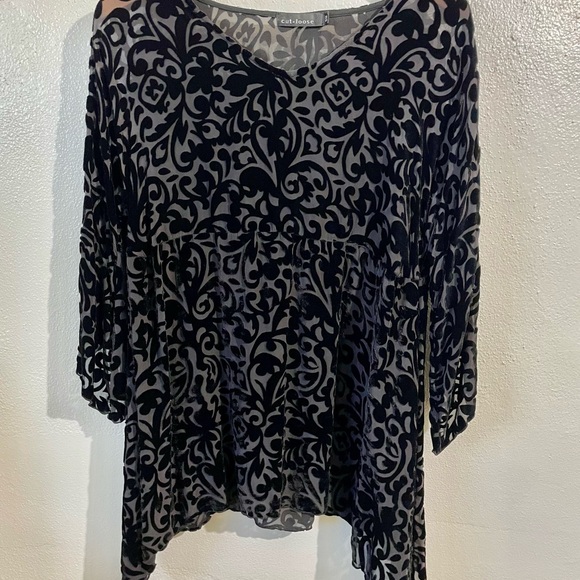 cut loose Tops - Velvet Burnout Sheer Blouse Black Handkerchief Hem Lagenlook S M Layer Cut Loose